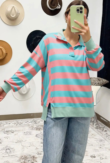 Bree -  Split Collar Striped Top