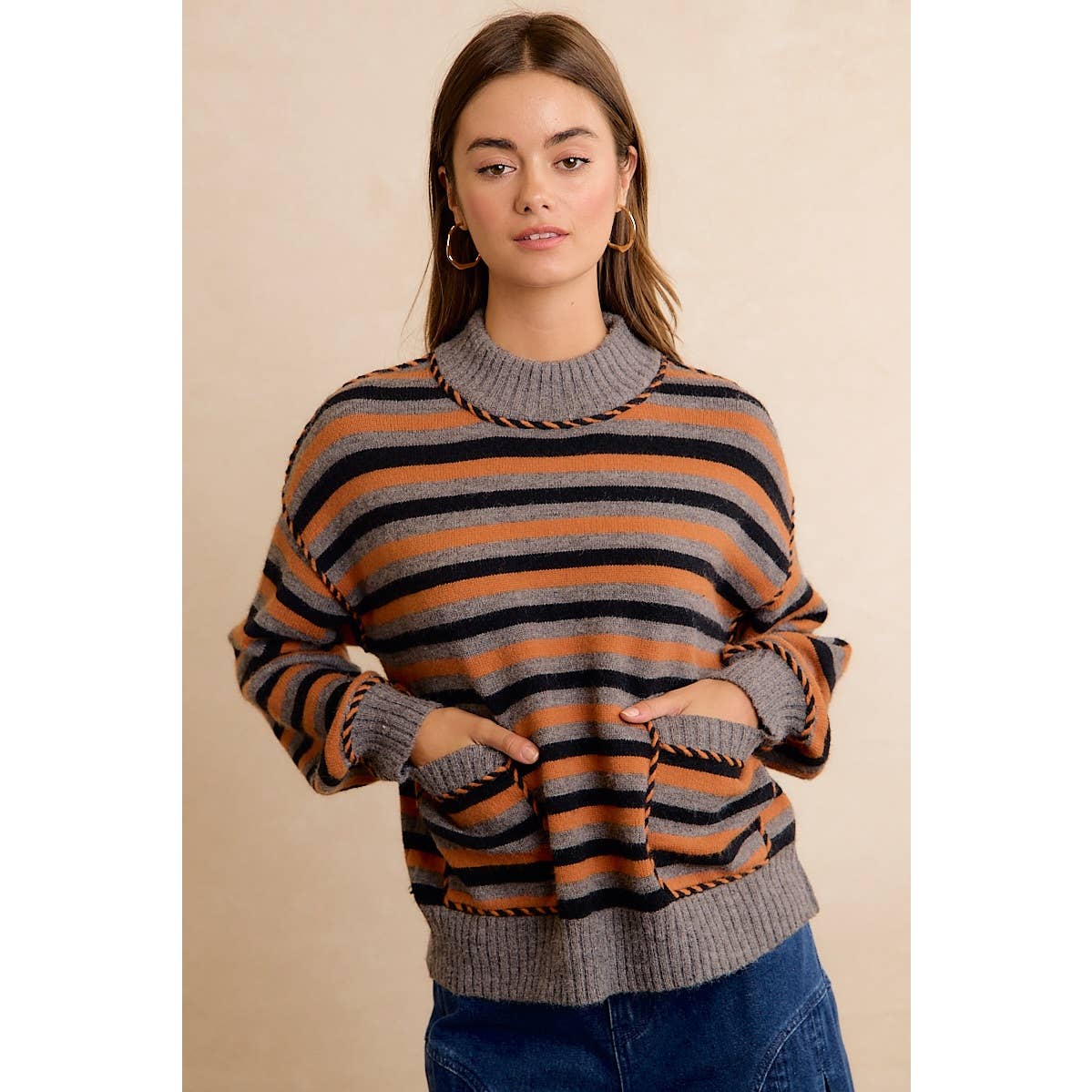 Coraline Striped Sweater - Gray, Orange, Black