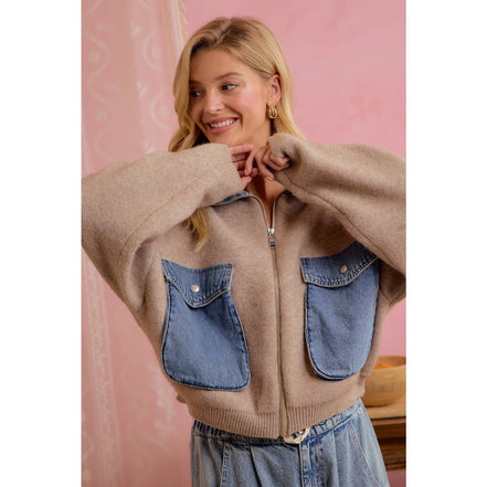 Oat Latte Knit and Denim Zip-Up