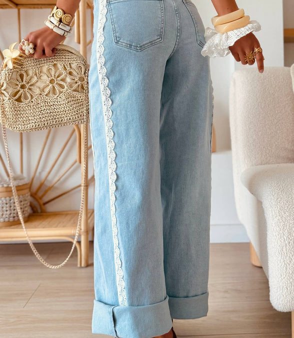 Willa - Lace Wide Leg Flare Denim Pants