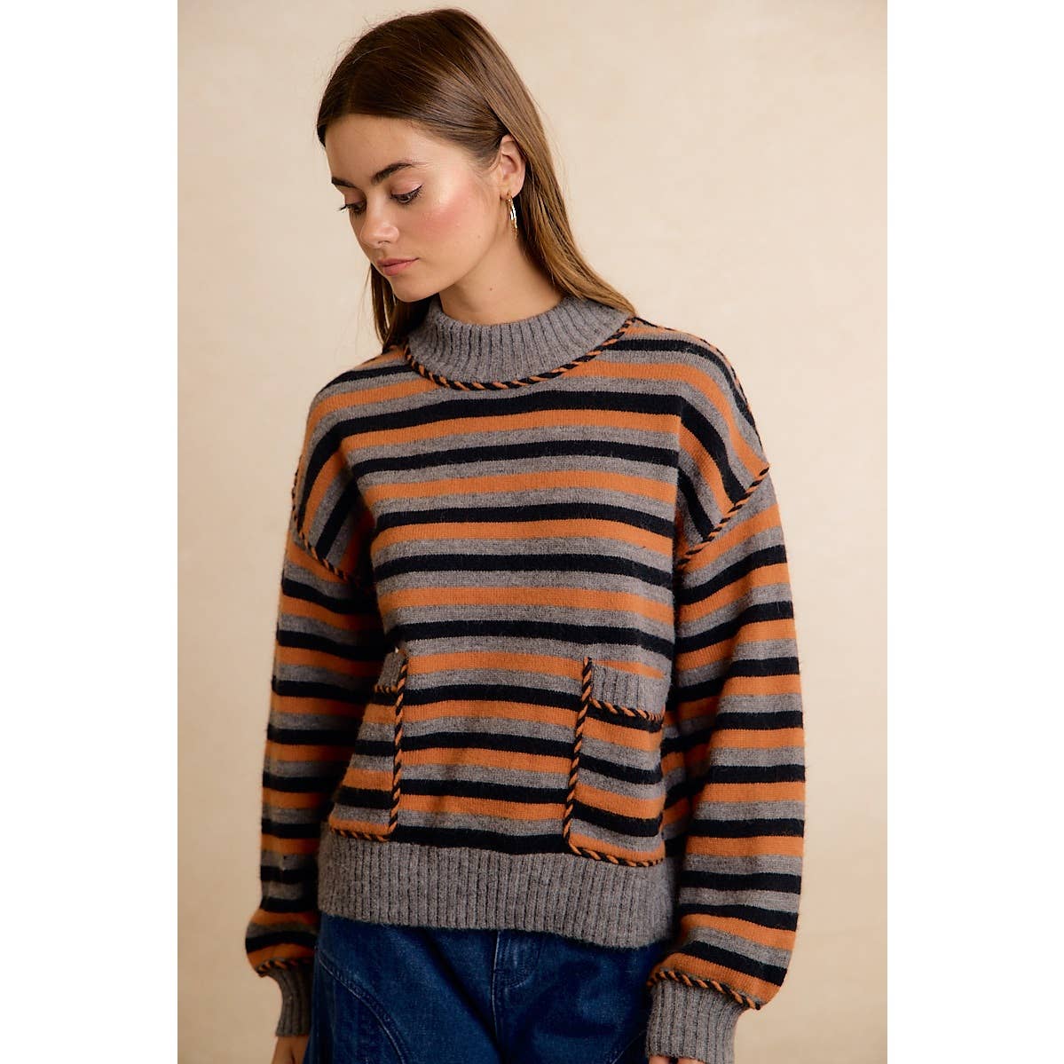 Coraline Striped Sweater - Gray, Orange, Black
