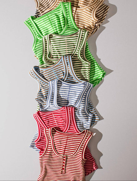 Beth - Striped Button Down Fitted Knit Tank Top