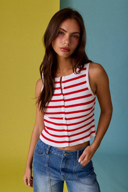 Cherry Tank - Striped Ribbed Button Front Tank