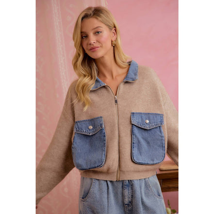 Oat Latte Knit and Denim Zip-Up