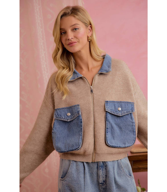 Oat Latte Knit and Denim Zip-Up