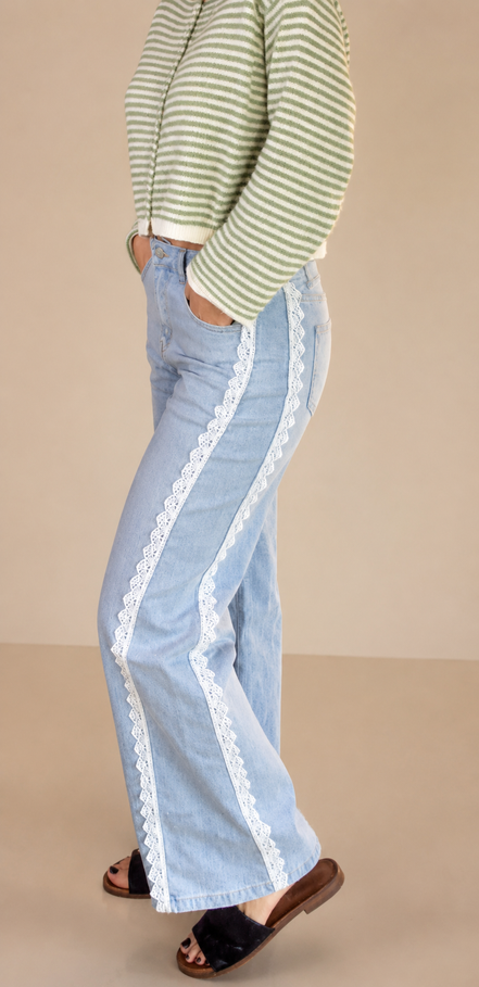 Willa - Lace Wide Leg Flare Denim Pants