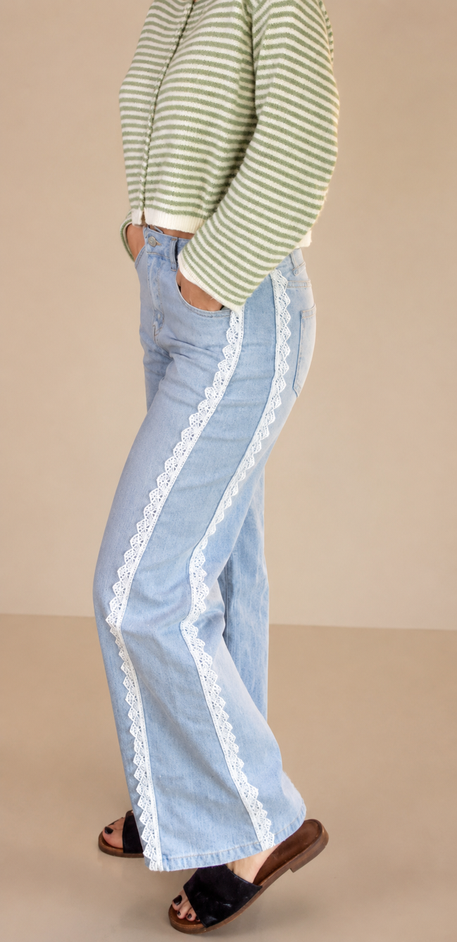 Willa - Lace Wide Leg Flare Denim Pants