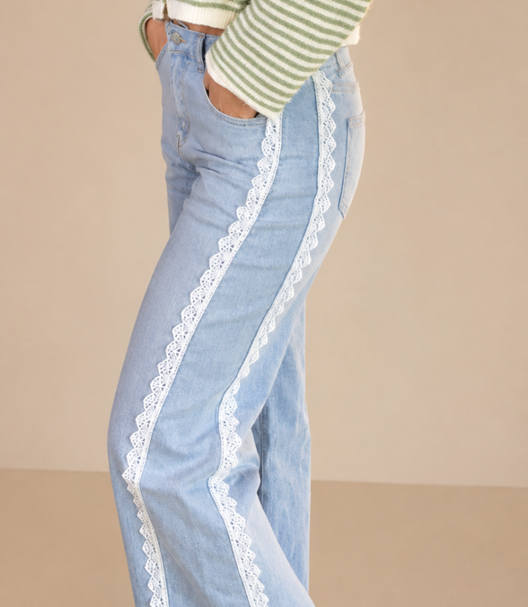 Willa - Lace Wide Leg Flare Denim Pants