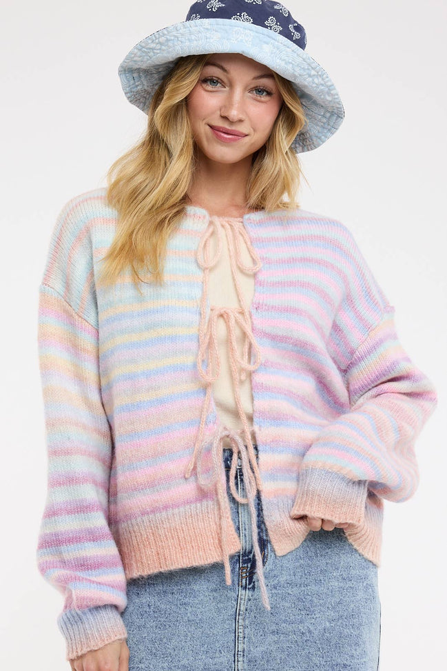 Taffy - Front Tie Rainbow Striped Cardigan