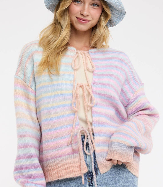 Taffy - Front Tie Rainbow Striped Cardigan