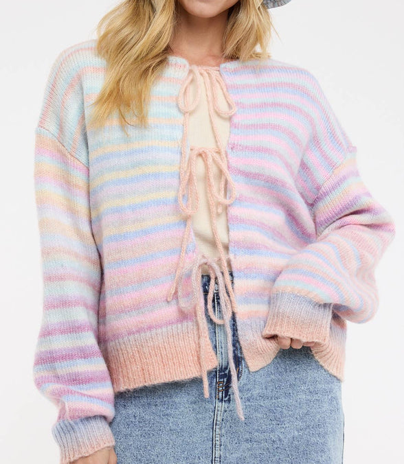 Taffy - Front Tie Rainbow Striped Cardigan