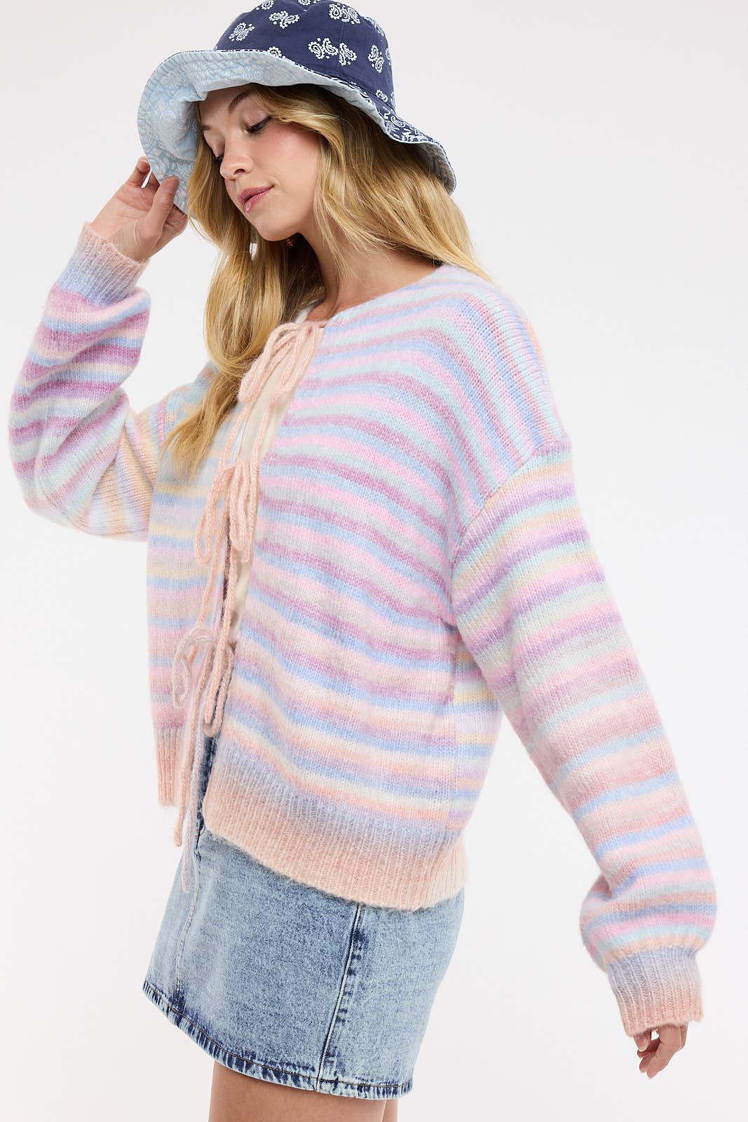 Taffy - Front Tie Rainbow Striped Cardigan