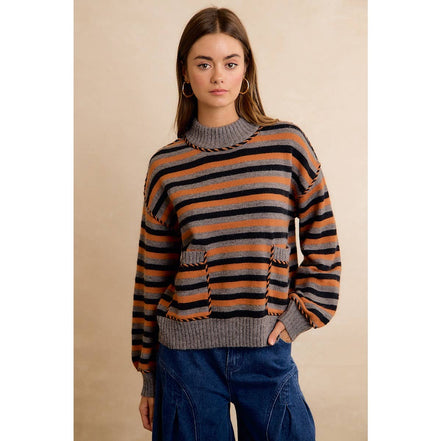 Coraline Striped Sweater - Gray, Orange, Black