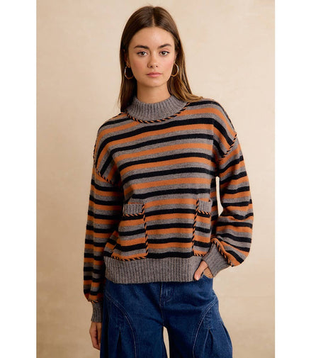 Coraline Striped Sweater - Gray, Orange, Black