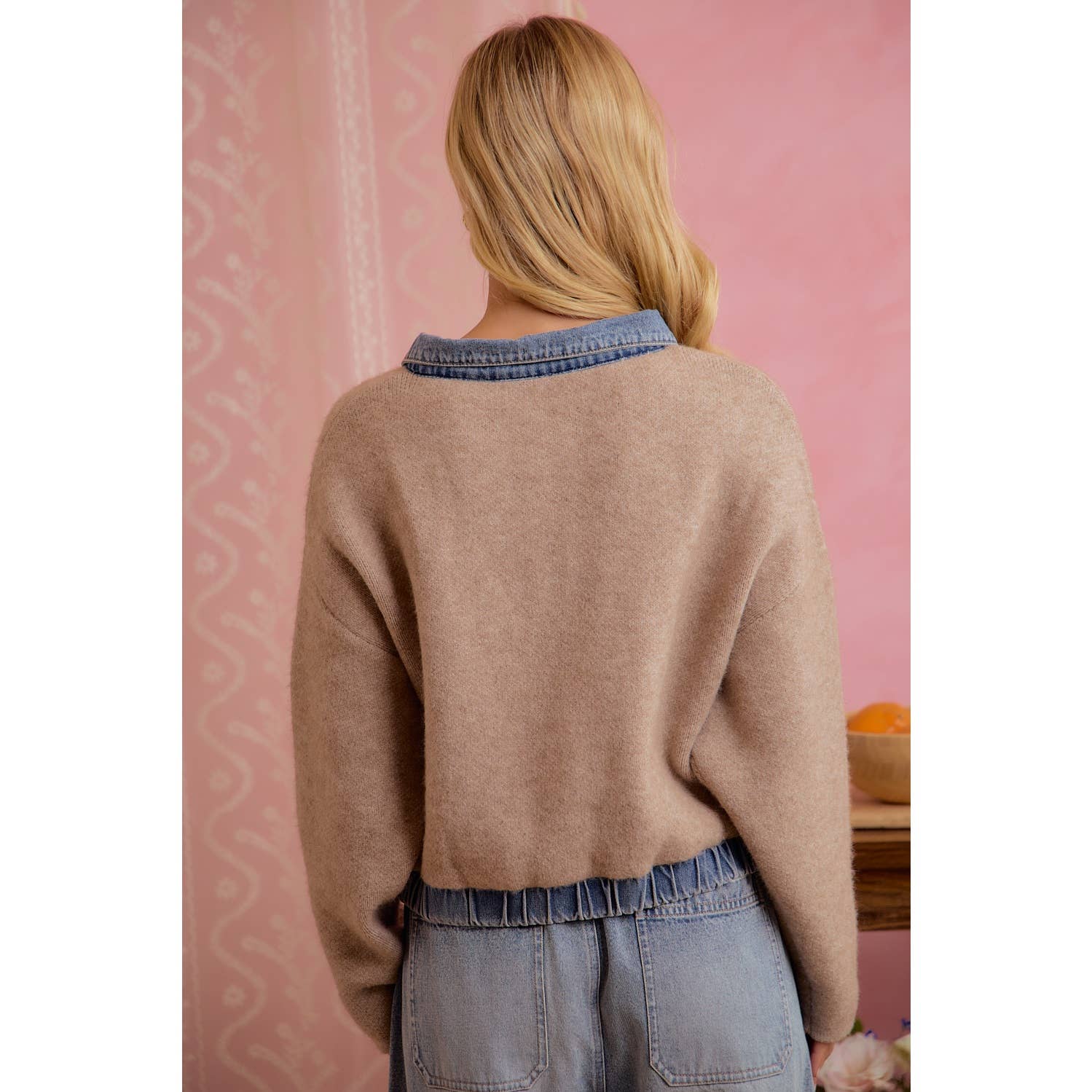 Oat Latte Knit and Denim Zip-Up