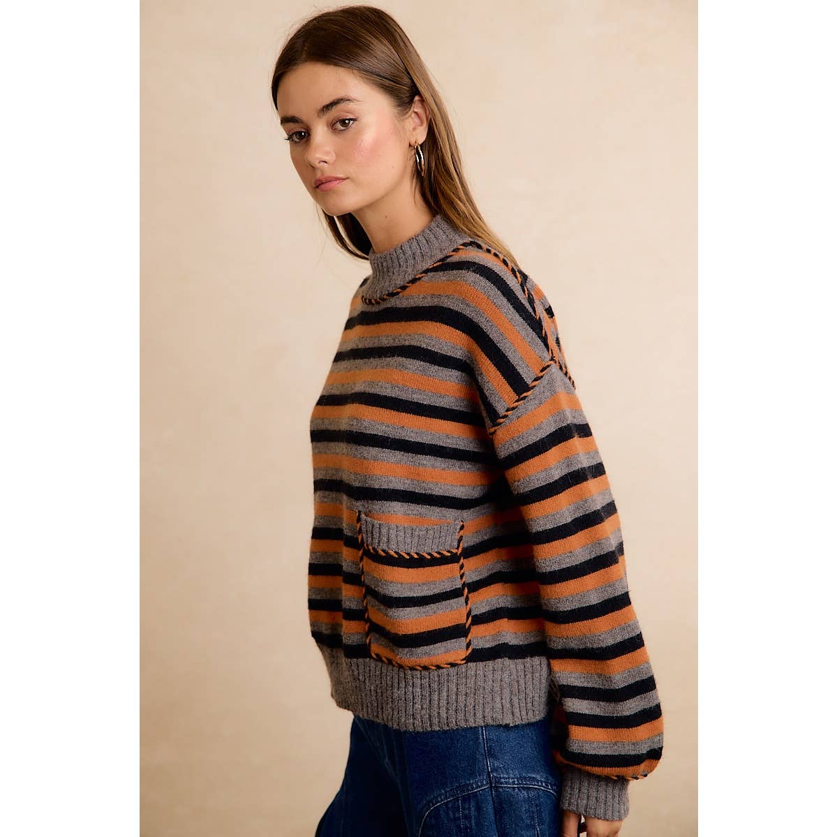 Coraline Striped Sweater - Gray, Orange, Black