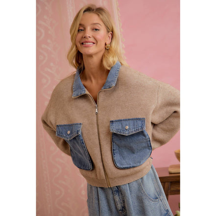 Oat Latte Knit and Denim Zip-Up