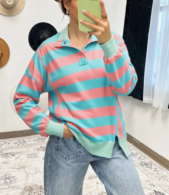 Bree -  Split Collar Striped Top