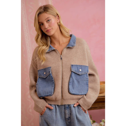 Oat Latte Knit and Denim Zip-Up