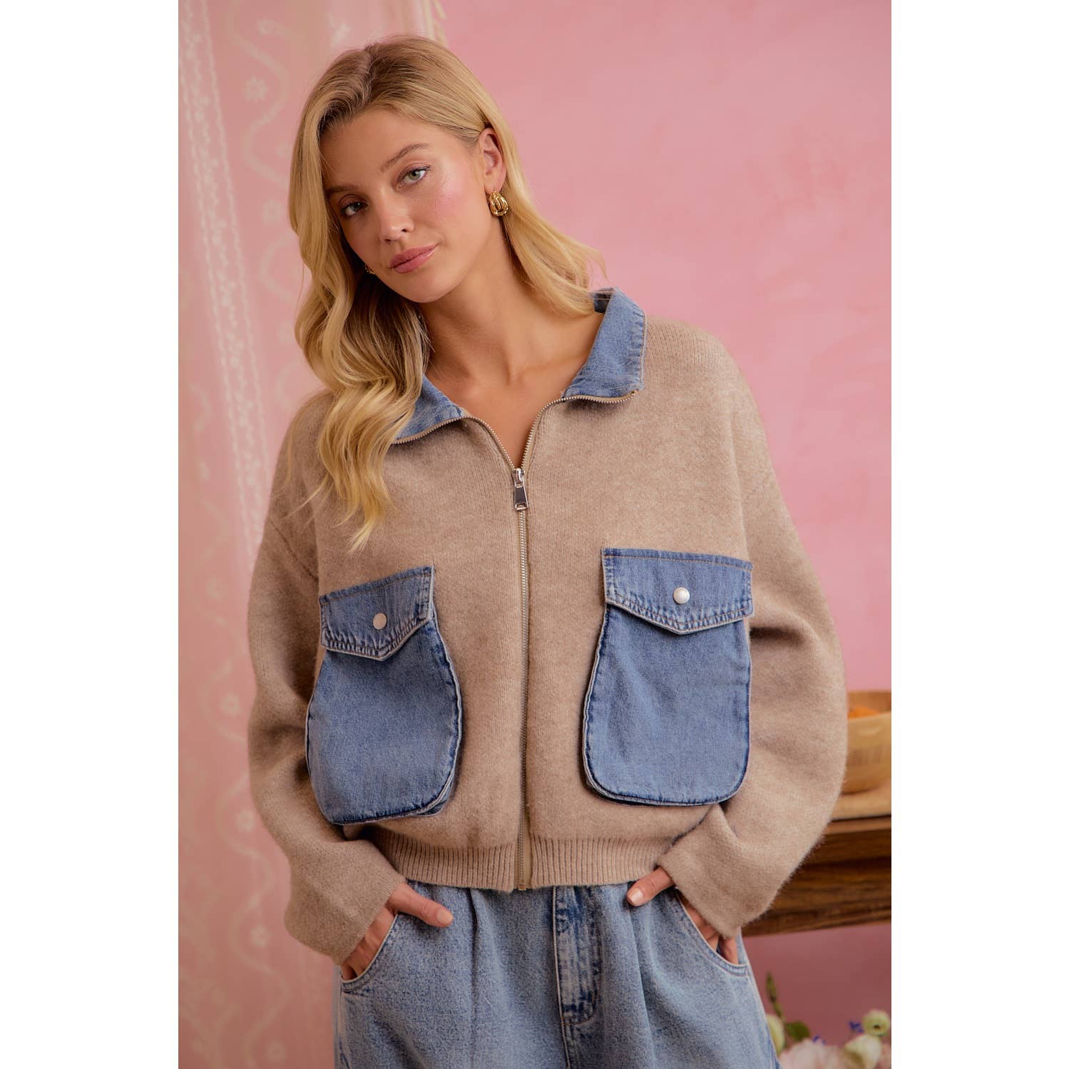 Oat Latte Knit and Denim Zip-Up