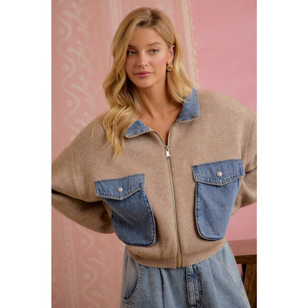 Oat Latte Knit and Denim Zip-Up