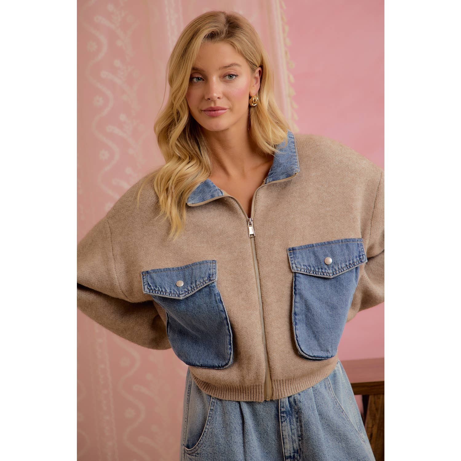 Oat Latte Knit and Denim Zip-Up