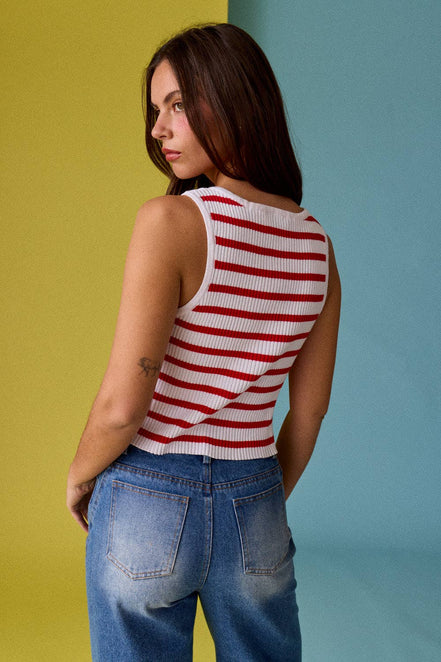 Cherry Tank - Striped Ribbed Button Front Tank