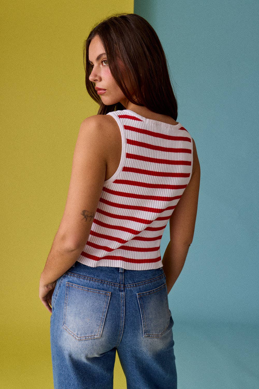 Cherry Tank - Striped Ribbed Button Front Tank