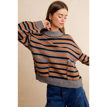 Coraline Striped Sweater - Gray, Orange, Black