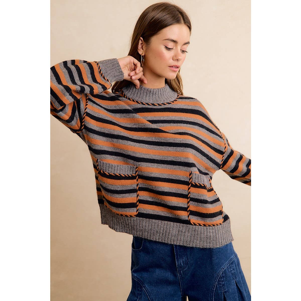 Coraline Striped Sweater - Gray, Orange, Black