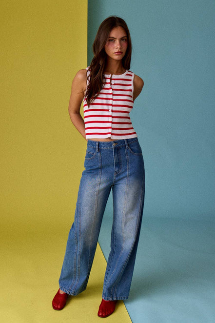 Cherry Tank - Striped Ribbed Button Front Tank
