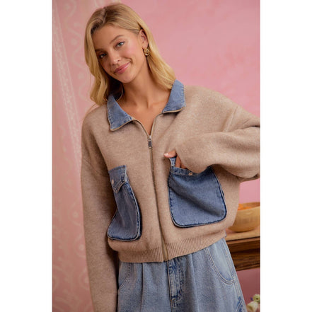 Oat Latte Knit and Denim Zip-Up