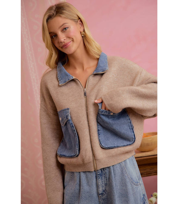 Oat Latte Knit and Denim Zip-Up