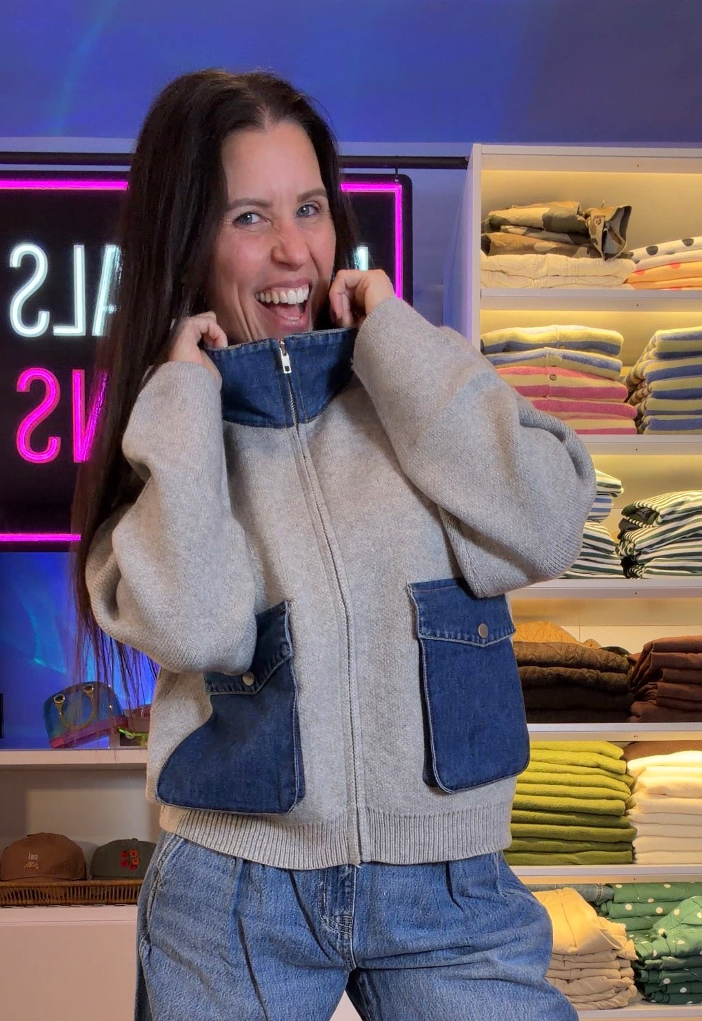Harlow Gray Knit and Denim Zip-Up