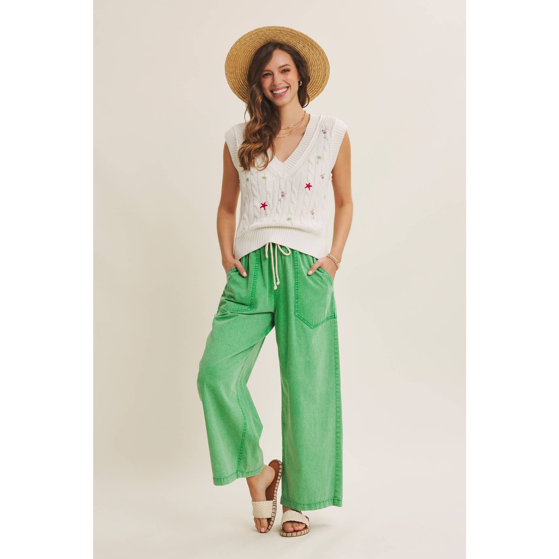 Kelly - Green Wide Leg Cotton Pants