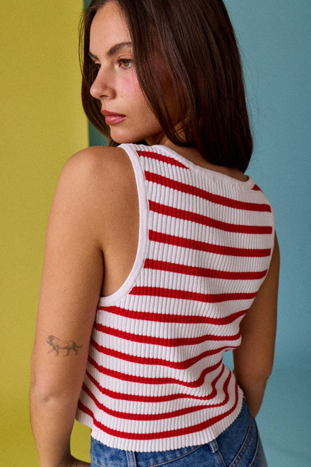Cherry Tank - Striped Ribbed Button Front Tank