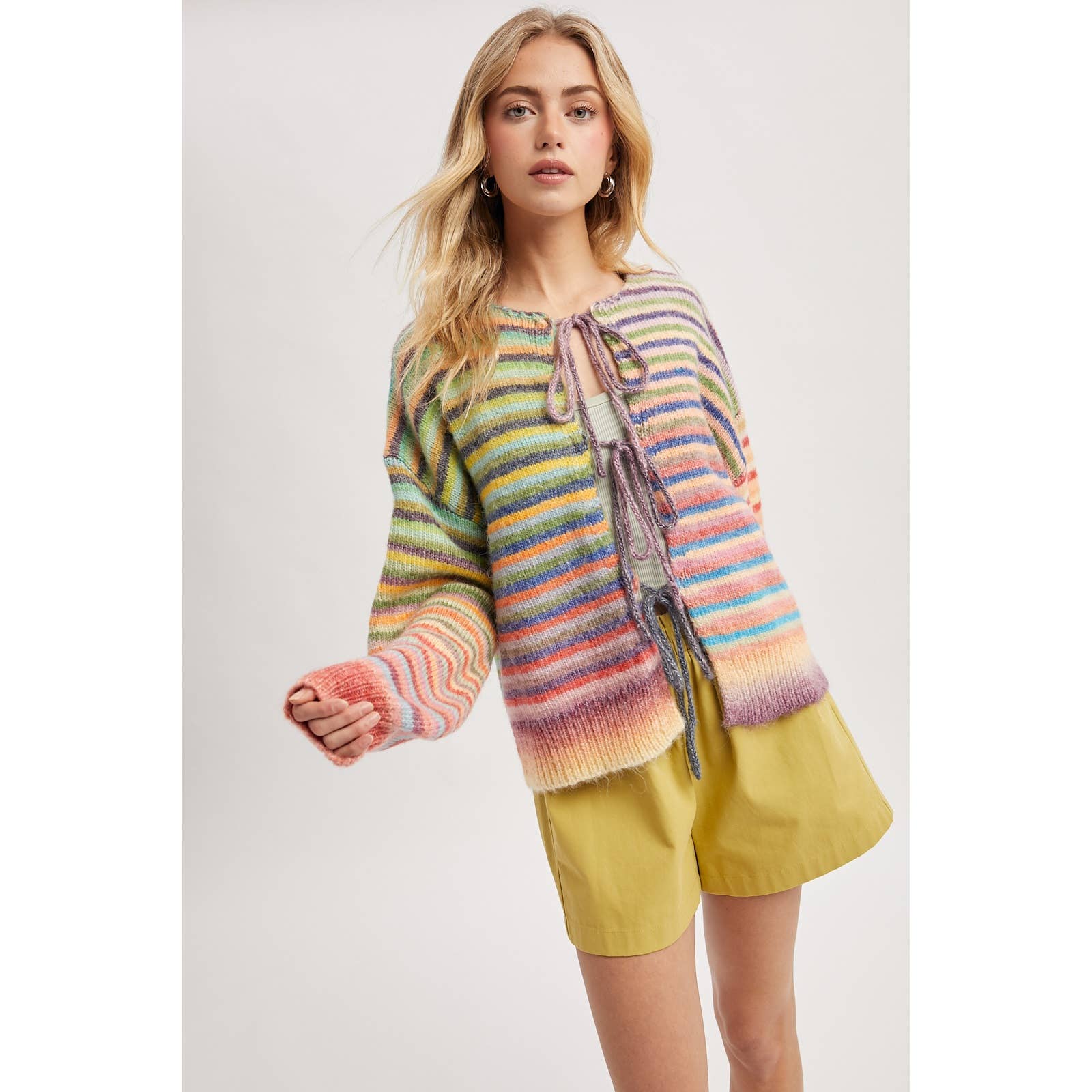 Taffy - Front Tie Rainbow Striped Cardigan