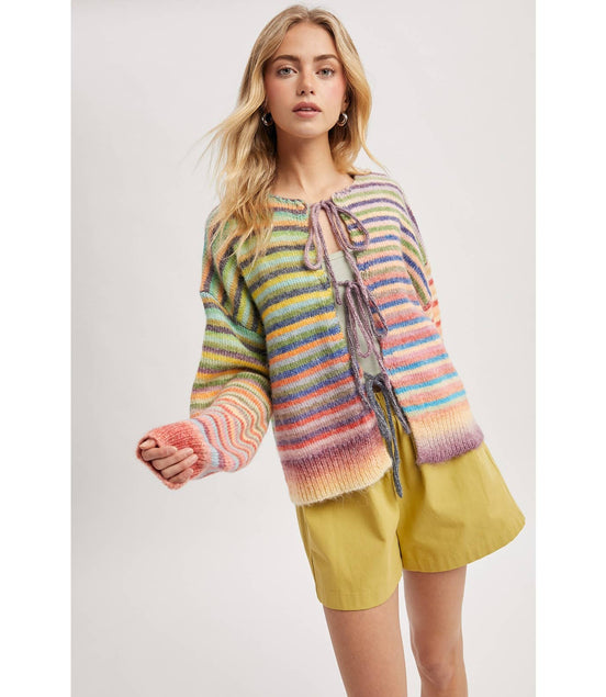 Taffy - Front Tie Rainbow Striped Cardigan