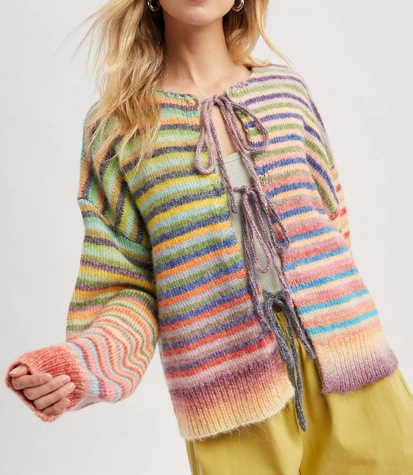 Taffy - Front Tie Rainbow Striped Cardigan