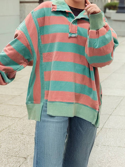 Bree -  Split Collar Striped Top