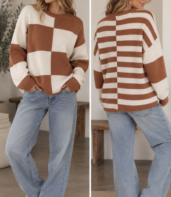 Josie - Checkered and Striped Brown and White Knit Sweater