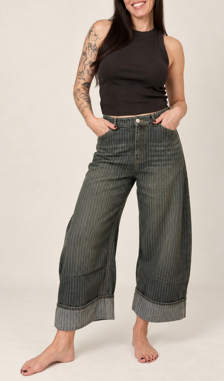Susie Striped Wide Leg Cuffed Denim