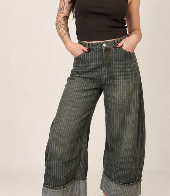 Susie Striped Wide Leg Cuffed Denim