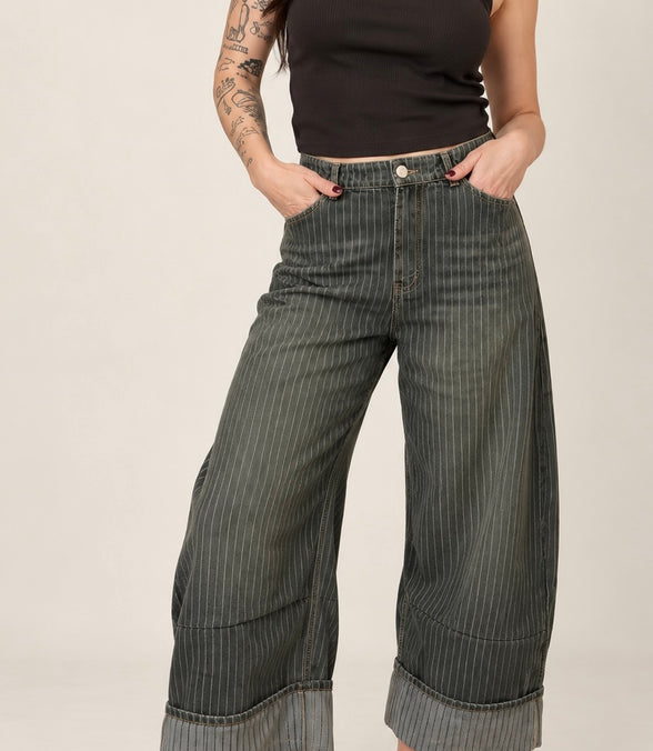 Susie Striped Wide Leg Cuffed Denim