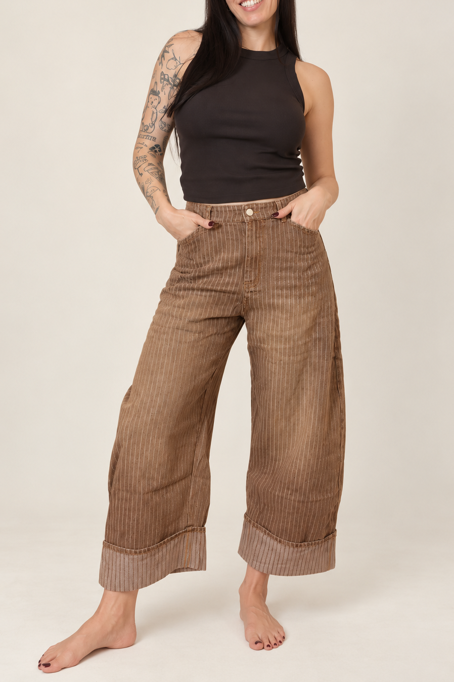 Susie Striped Wide Leg Cuffed Denim