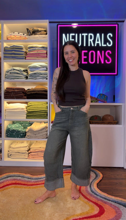 Susie Striped Wide Leg Cuffed Denim