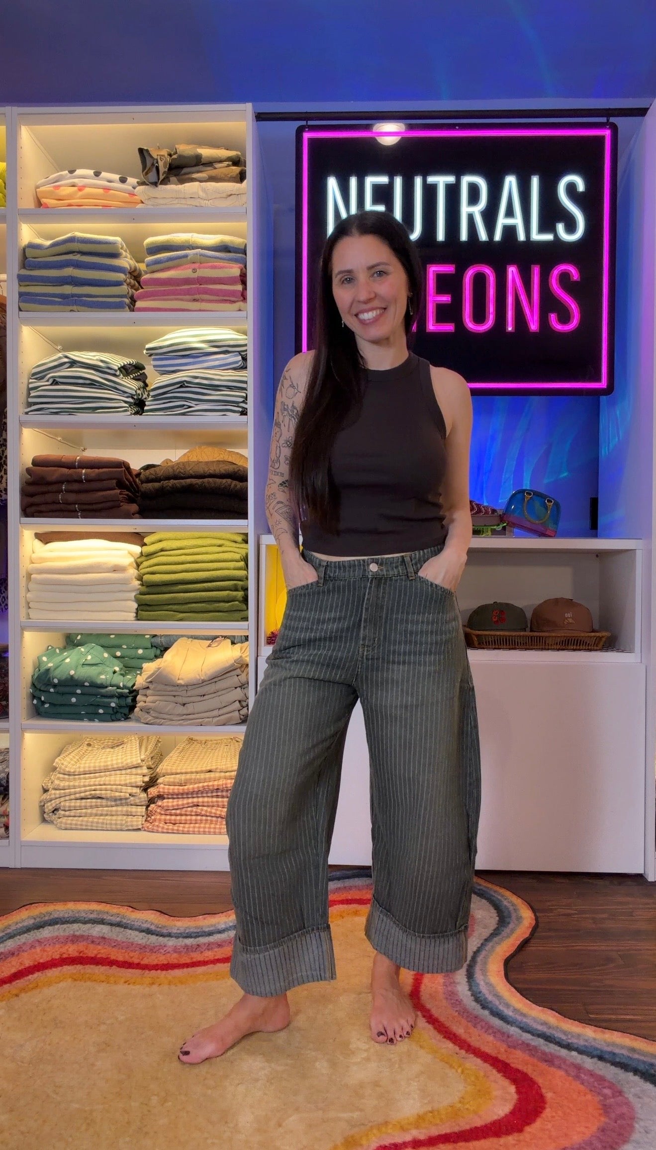 Susie Striped Wide Leg Cuffed Denim
