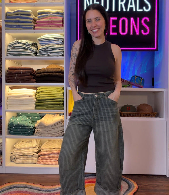 Susie Striped Wide Leg Cuffed Denim