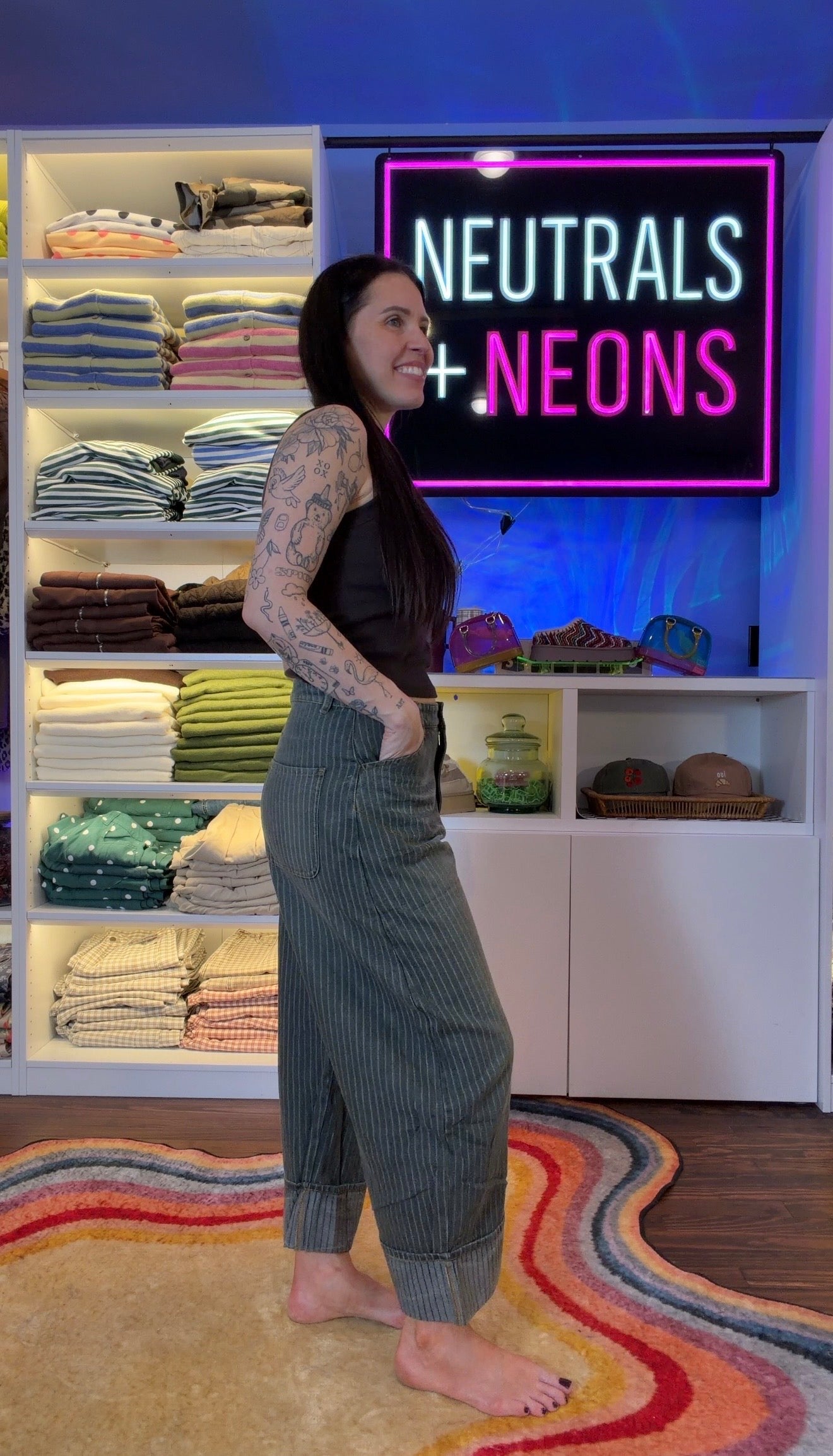 Susie Striped Wide Leg Cuffed Denim