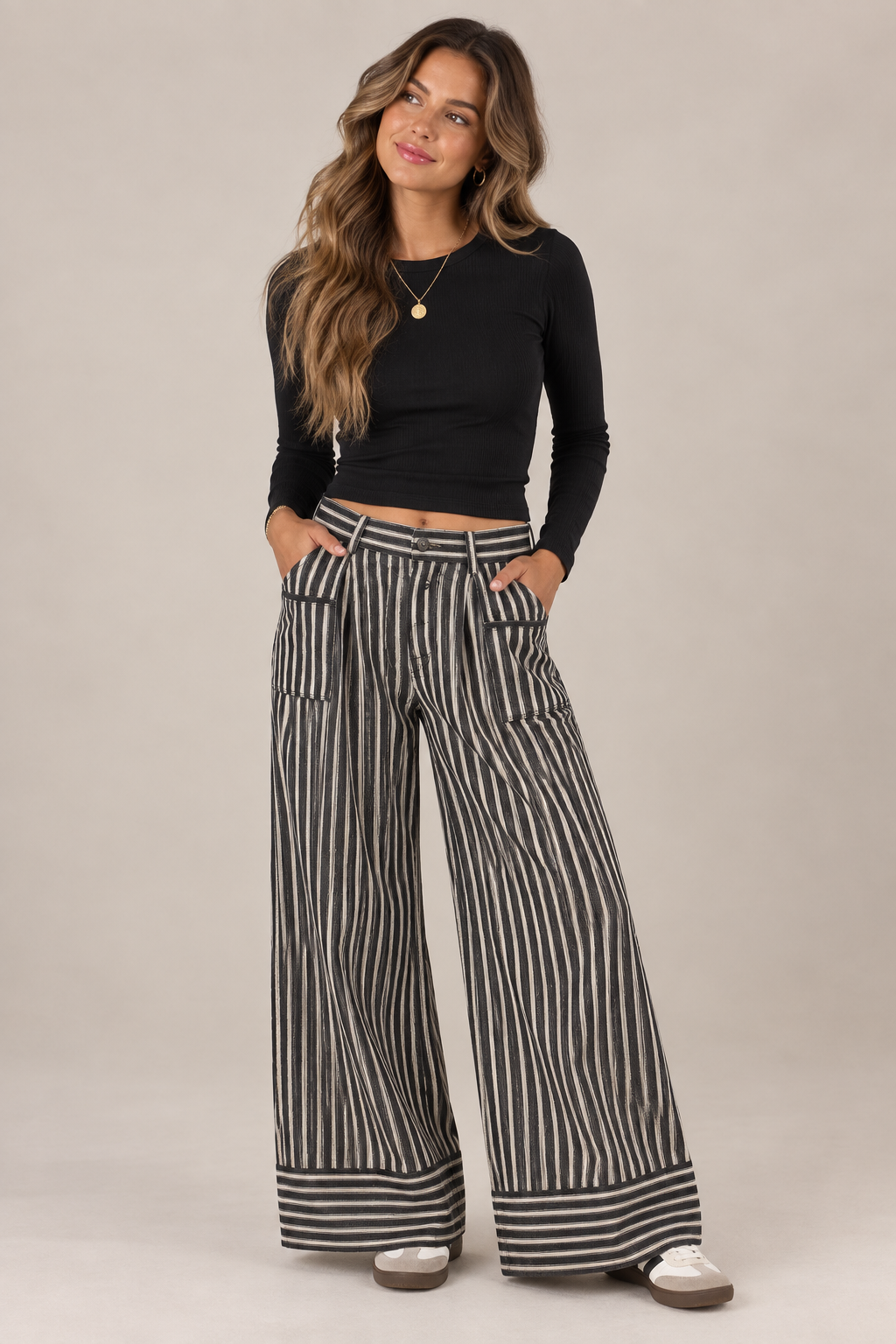 Sid - Black and White Stripe Wide Leg Pants